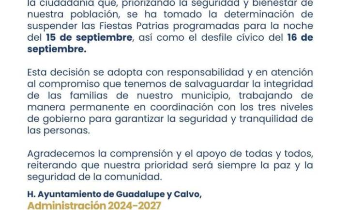 Suspende GyP Grito y Desfile por inseguridad