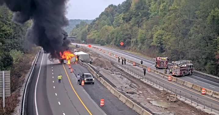 Overturned semi truck seen engulfed in flames on North I