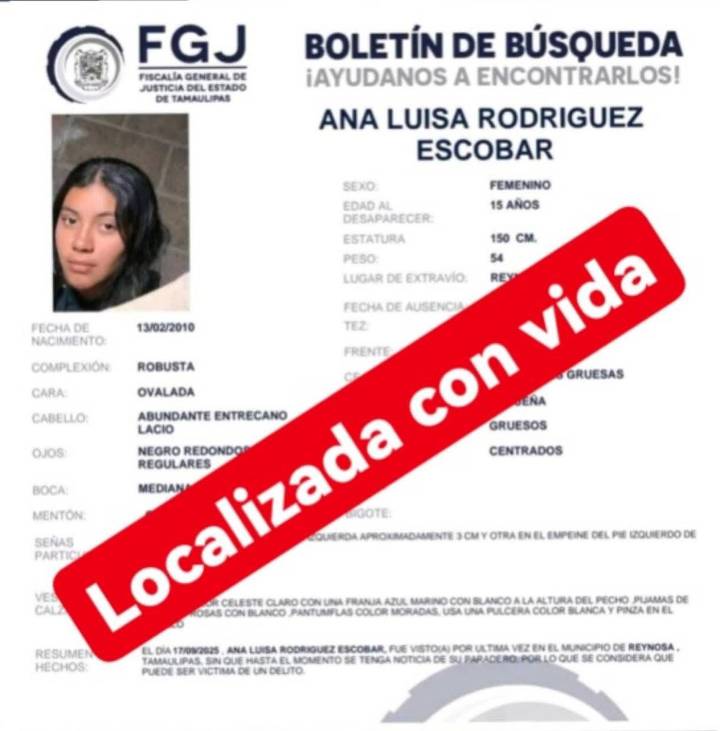 Localizan con vida a Ana Luisa, joven desaparecida en Reynosa