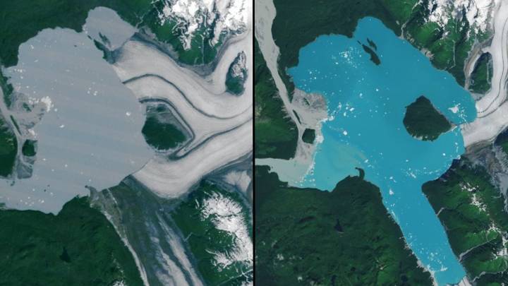 NASA satellites spot brand-new island in Alaska formed by melting glacier (photos)