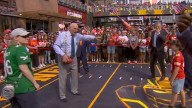 Terry Bradshaw tells Fox NFL Sunday guest 'don't hit me hard' as he rolls back years to play quarterback on set