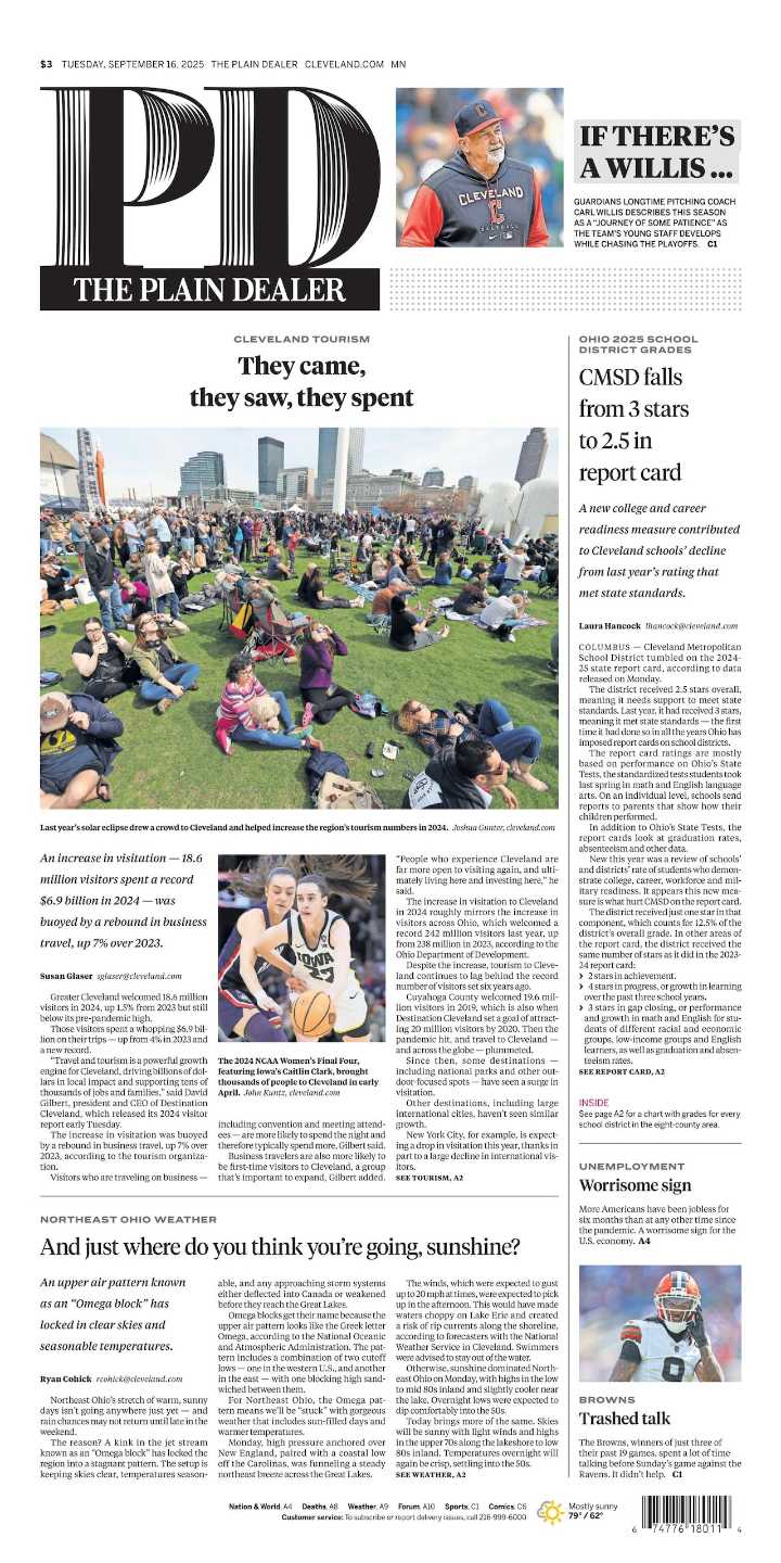 The Plain Dealer’s front page for September 16, 2025