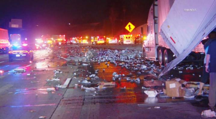 Crash sends thousands of beer cans —  plus kegs — across 210 Freeway in Azusa