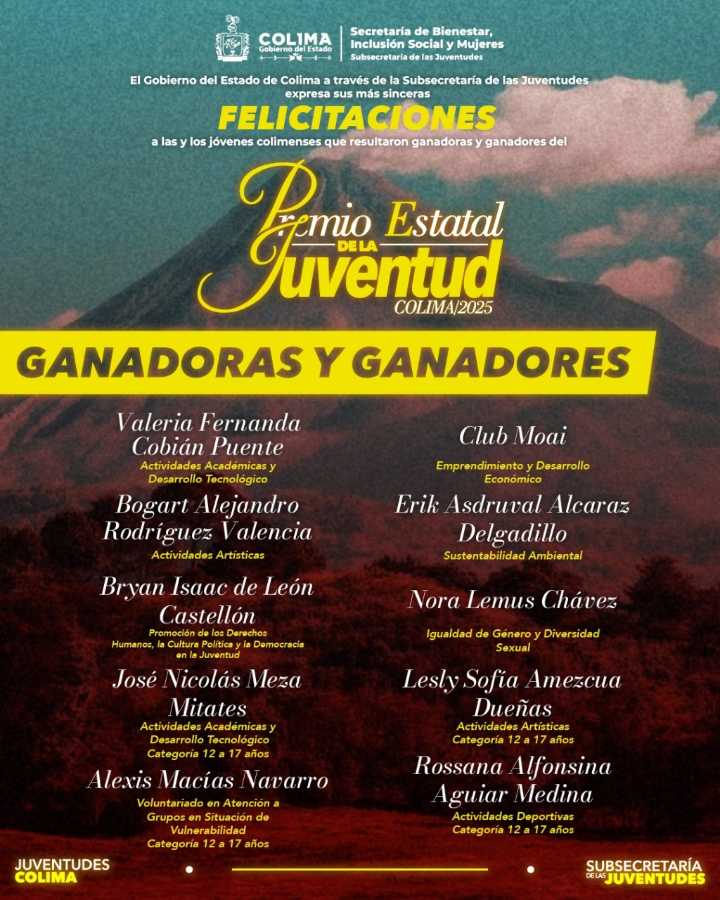 Anuncia Subsejuv las y los ganadores del Premio Estatal de la Juventud Colima 2025