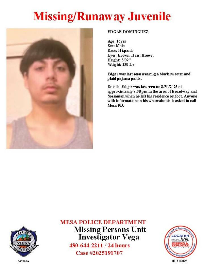 Edgar Dominguez, 16, missing from Mesa, police say