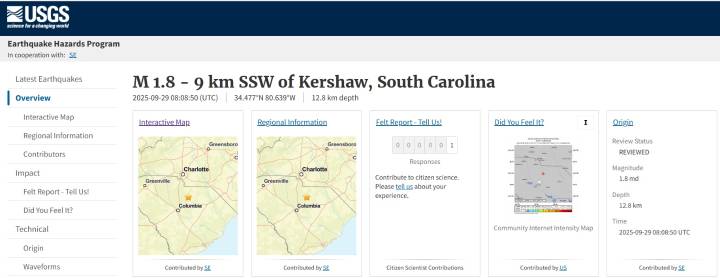 Earthquake Strikes South of Charlotte in The Small Town of Kershaw, SC