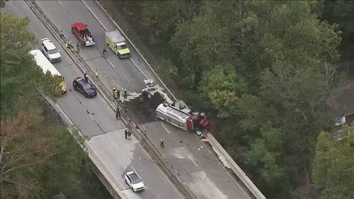 Overturned tanker truck causes fuel spill on Route 1 Bypass, near Ridley Creek Road, in Upper Province Township, Delaware County
