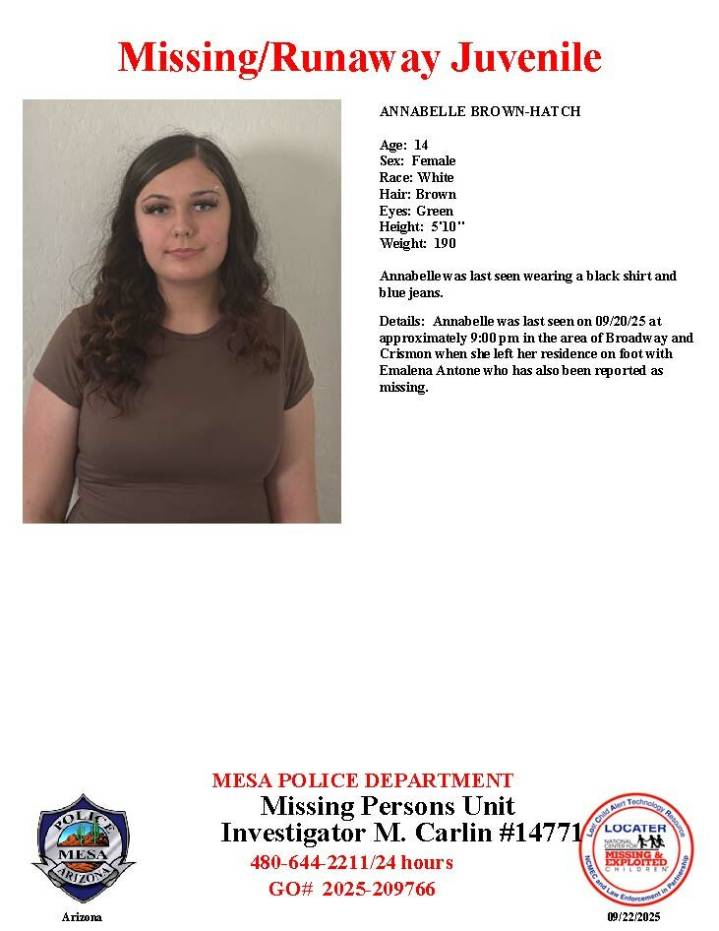 Annabelle Brown-Hatch, 14, missing from Mesa, police say