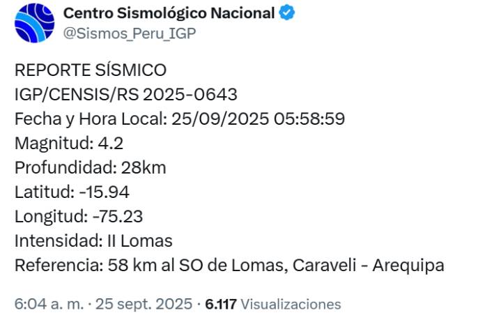 ¡TEMBLOR! Sismo de 4.2 de magnitud sacude Caravelí