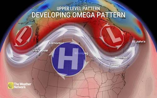Pleasant or foul weather? Omega block parked in Canada for a few days