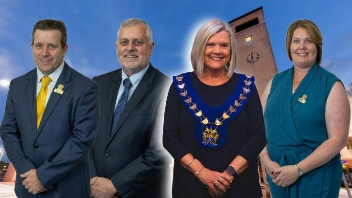 Councillors Mark Jones, Mike Crichton and Lorna Buchan facing Deb Hamblin in 2025 Rockingham mayoral election