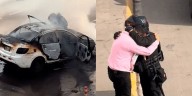 Incendio en la Vía Expresa deja conmovedora escena: policía abraza a taxista que perdió su herramienta de trabajo