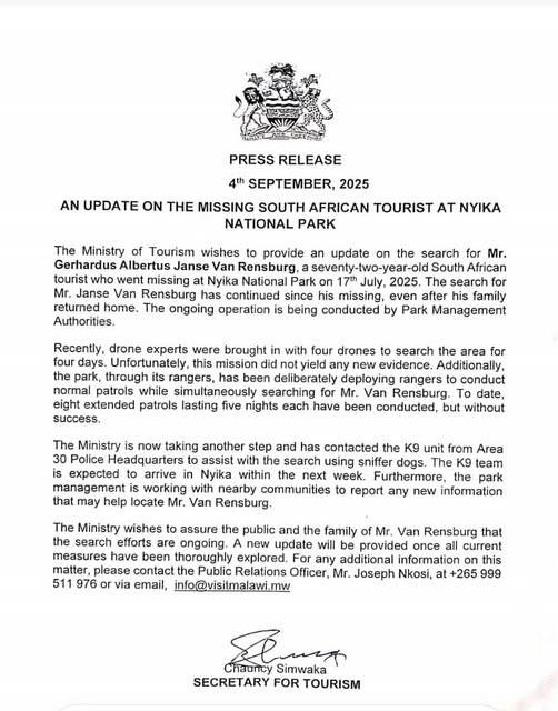 Search Continues for Missing South African in Nyika National Park