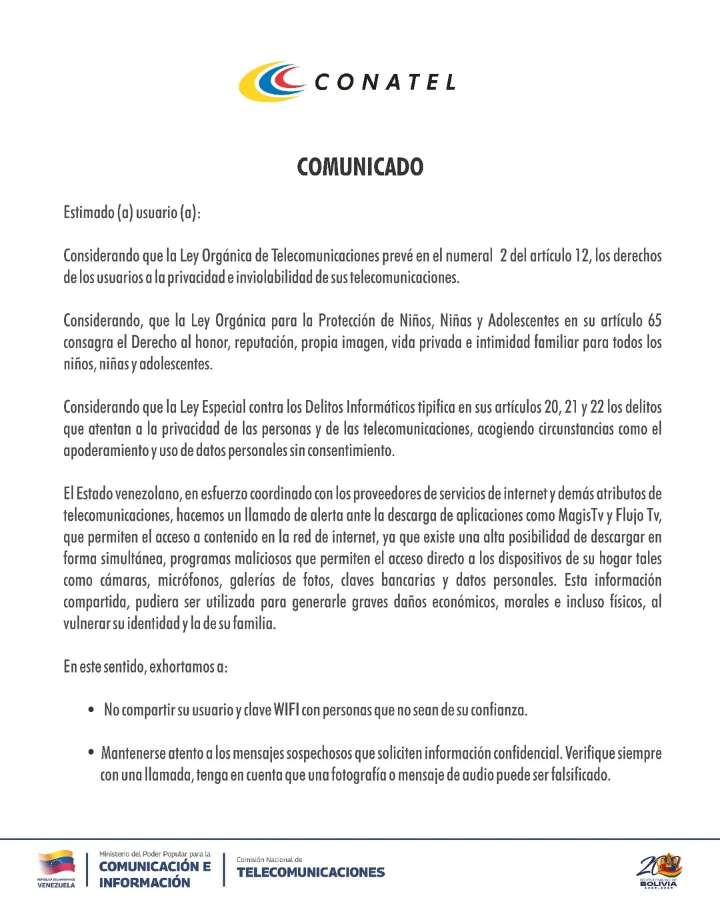 La alerta de Conatel sobre «los riesgos» de usar aplicaciones como Magis TV y Flujo TV