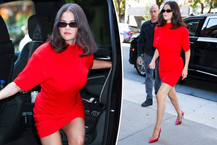 Selena Gomez matches red Jacquemus minidress to Louboutins