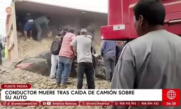 Camión volcado aplasta un auto y mata a su conductor en Puente Piedra