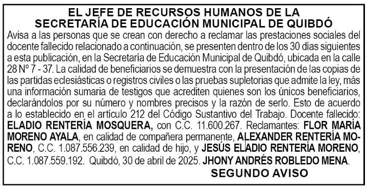 Edicto 2do. aviso Eladio Rentería Mosquera