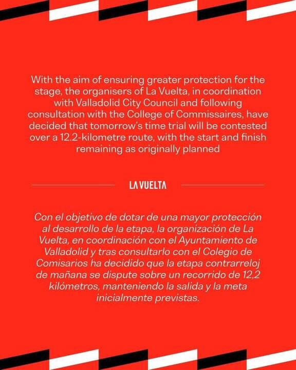 La Vuelta reduce a 12,2 kilómetros la crono de Valladolid para dar más seguridad a la etapa