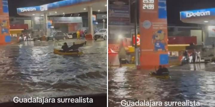 Jóvenes se vuelven virales al usar kayak en calle inundada de Guadalajara
