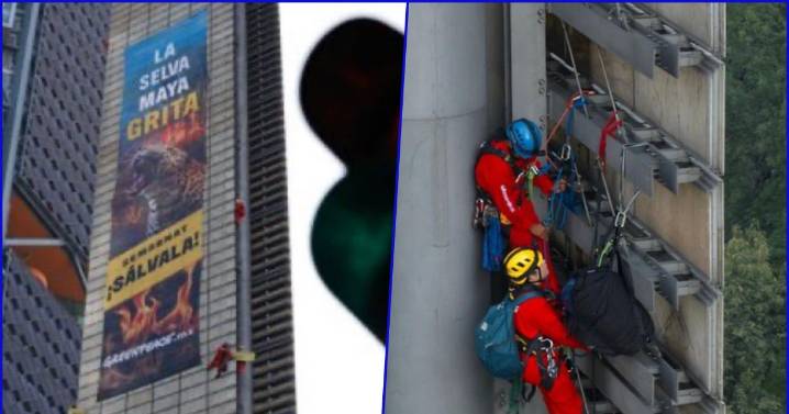 Ambientalistas escalan la Estela de Luz y colocan manta: Exigen detener la devastación por el Tren Maya