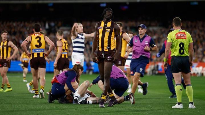Hawthorn tall forward Mabior Chol handed ban for tackle on Geelong star Tom Stewart