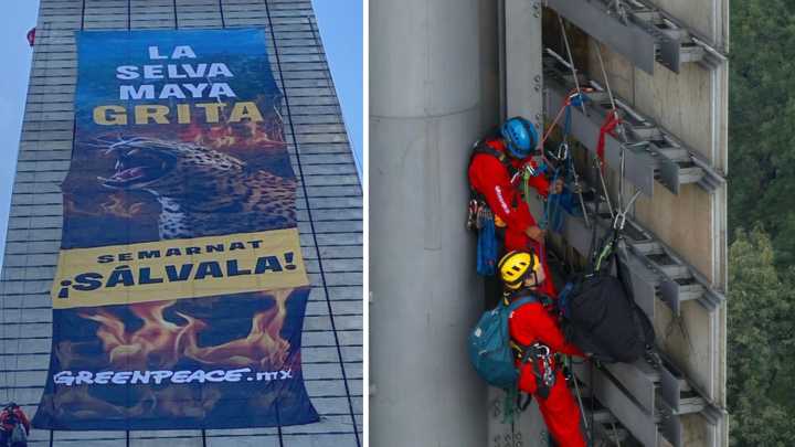 Activistas de Greenpeace escalan la Estela de Luz en CDMX