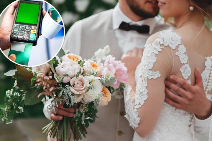Couple sets up credit card machine at their wedding