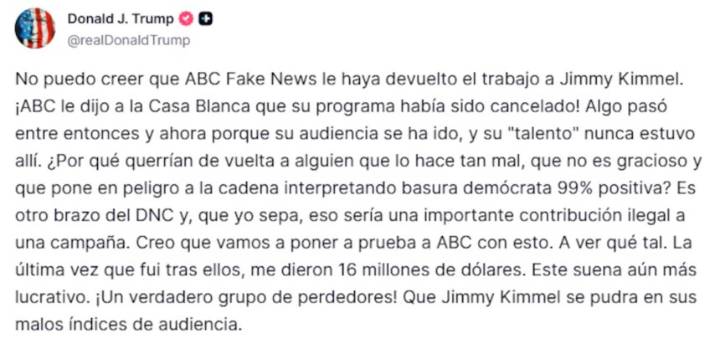 Polémica en EEUU: Entre lágrimas y críticas, Jimmy Kimmel regresó a la TV y así reaccionó Trump