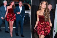 Amal Clooney wears a red minidress from her wedding gown designer, Oscar de la Renta for “Jay Kelly” premiere