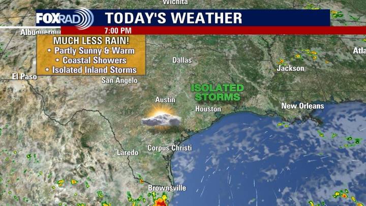 Today's forecast: Isolated storms; highs in the 90s
