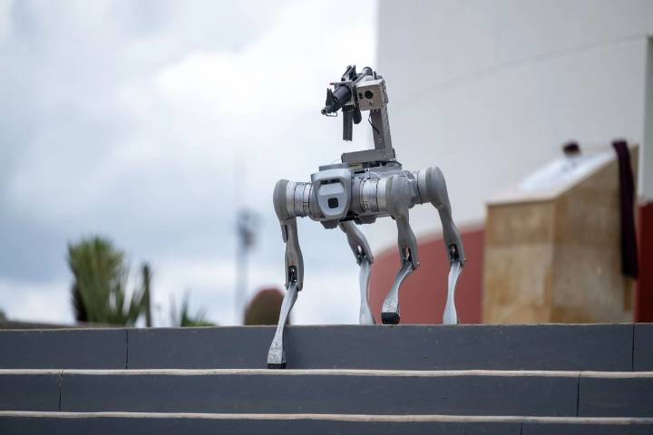 Zacatecas presenta perro robot con fusil para vigilar calles