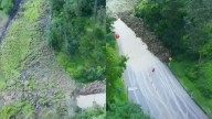 Las imágenes aéreas del impresionante derrumbe que mantiene cerrada la vía al Llano por cuarto día