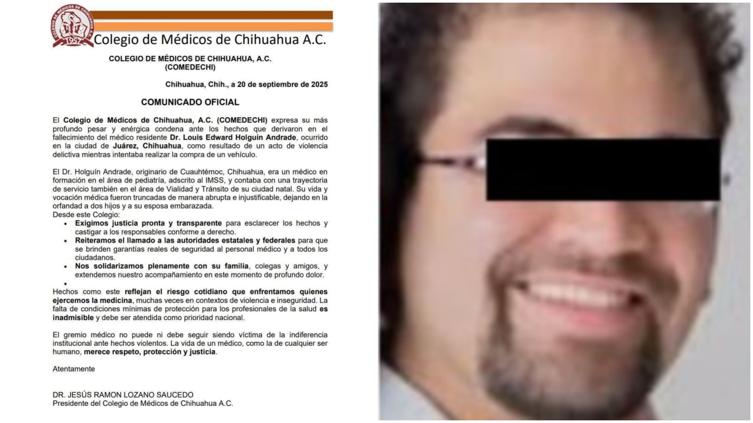 Exige Colegio de Chihuahua justicia para médico asesinado en Juárez