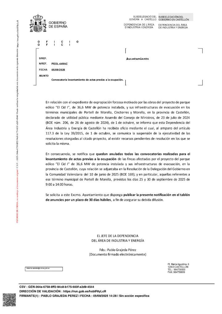 Se paralizan las expropiaciones de los parques del Cluster Maestrazgo
