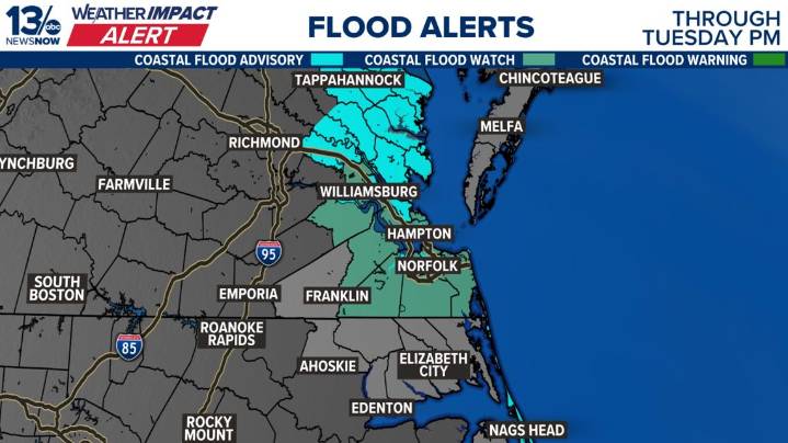 Coastal Flood Warnings impact Virginia; Flood Watch issued for North Carolina