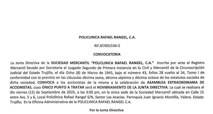 Convocatoria de Asamblea Extraordinaria de Accionistas de «POLICLINICA RAFAEL RANGEL, C.A.»