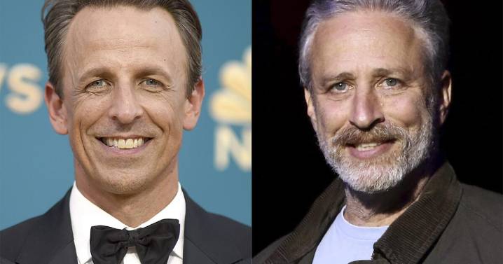 Late-night hosts Jon Stewart and Seth Meyers react to Jimmy Kimmel's suspension