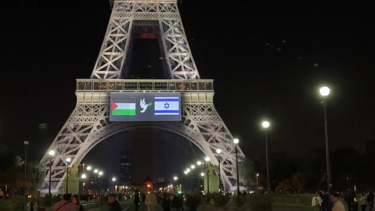 Palestinian and Israeli flags, separated by peace dove, projected onto Eiffel Tower