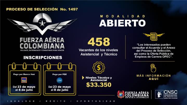 El 23 de mayo inicia la etapa de inscripción a más de 450 vacantes en la Fuerza Aérea Colombiana que oferta la Comisión Nacional del Servicio Civil -CNSC-
