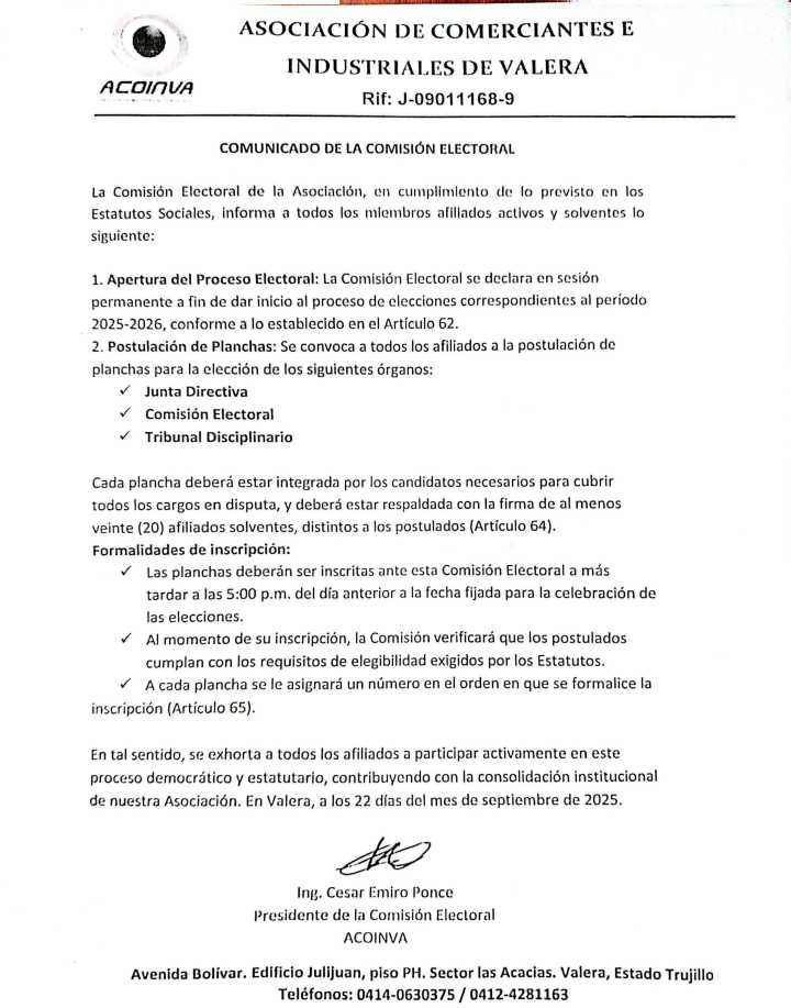 Comunicado de la Comisión Electoral de la Asociación de Comerciantes e Industriales de Valera