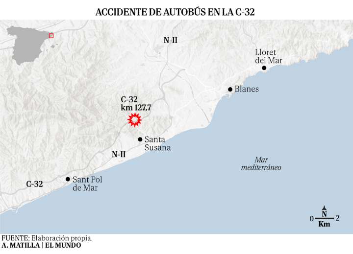 Un autocar de turistas vuelca en la autopista C-32 en Santa Susanna (Barcelona) y deja 53 heridos, tres de ellos en estado grave