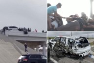 Wild video shows sheriff's deputy dangling from bridge after truck totals his squad car