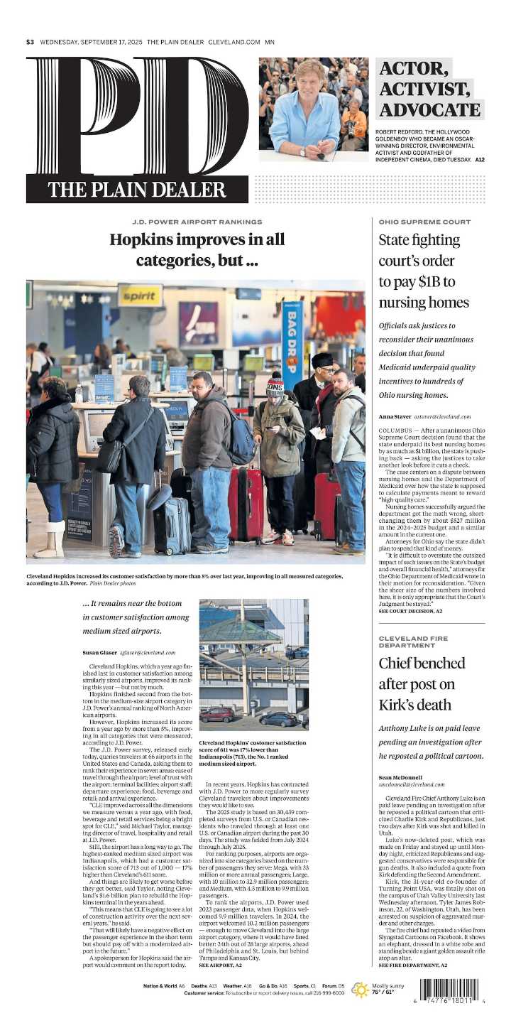 The Plain Dealer’s front page for September 17, 2025