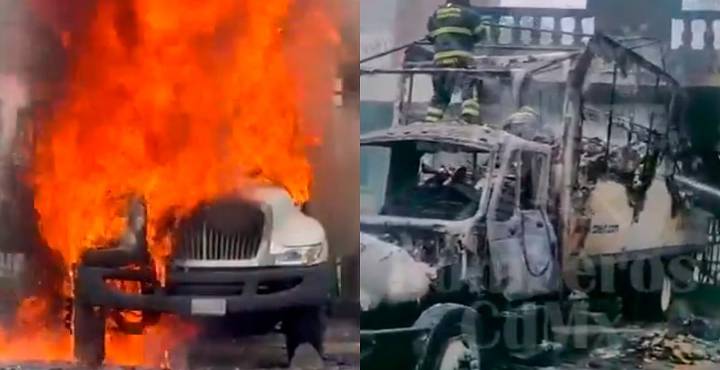 Encapuchados incendian camión frente al Campo Militar 1-A durante protesta por Ayotzinapa, en CDMX
