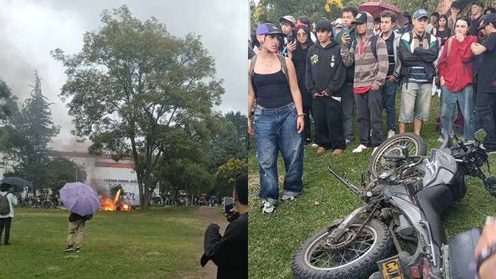Nuevos disturbios al interior de la Universidad Nacional: manifestantes prendieron fuego a una motocicleta