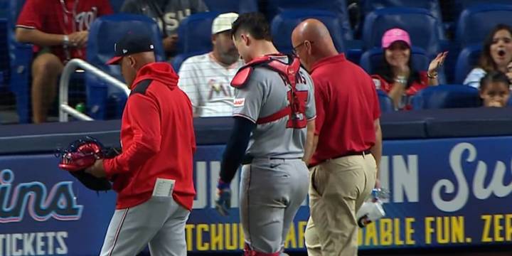 Riley Adams exits after foul tip to groin