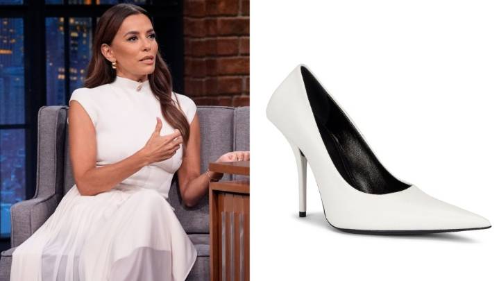 Eva Longoria Gets Sharp in Balenciaga Knife Pumps on 'Seth Meyers'