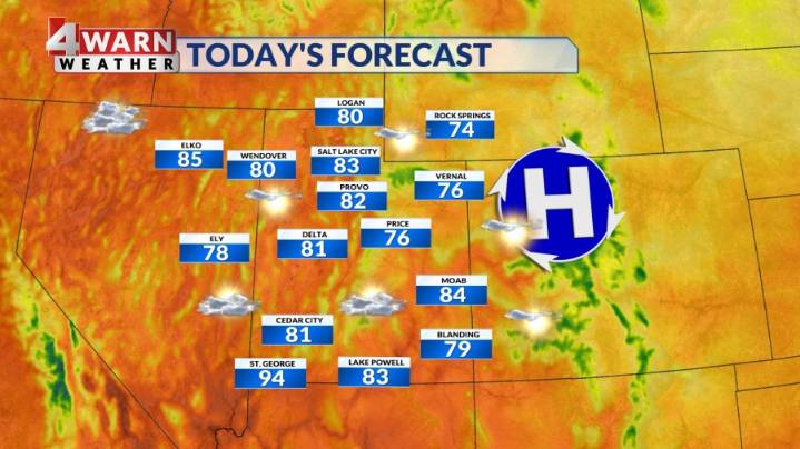 Increasing clouds for southern Utah, with mostly sunny skies for northern Utah. Rain chances arrive Friday