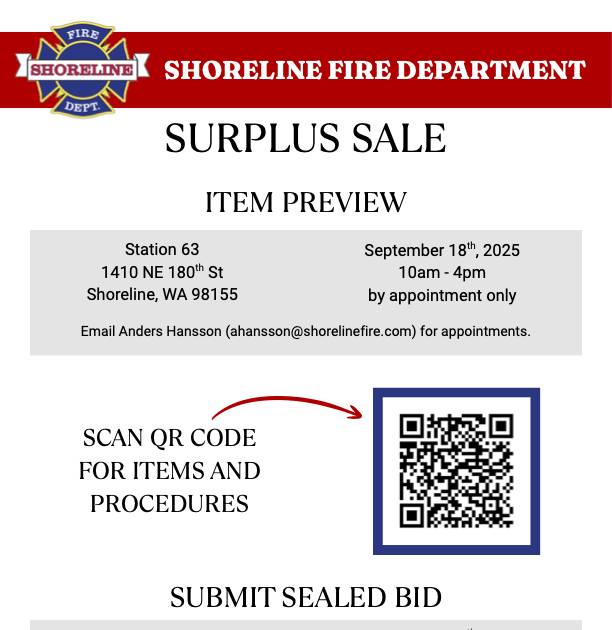 Shoreline Fire surplus sale September 18, 2025