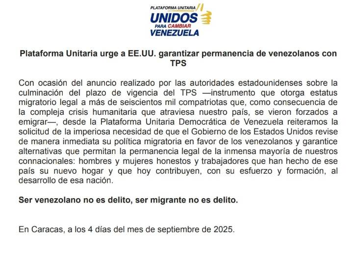 Plataforma Unitaria pidió a EEUU «garantizar permanencia de venezolanos con TPS»